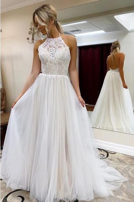 Long A Line Halter Tulle Lace Backless Beach Wedding Dress