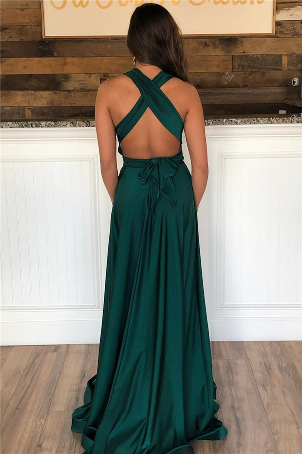 Halter Wide Straps A-Line Floor-length Ruffles Prom Dress With Side Slit