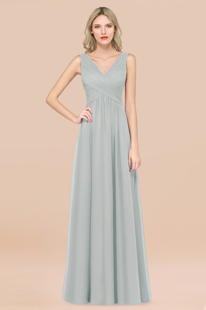 A-Line Chiffon Straps V-Neck Sleeveless Floor-Length Bridesmaid Dress with Ruffles