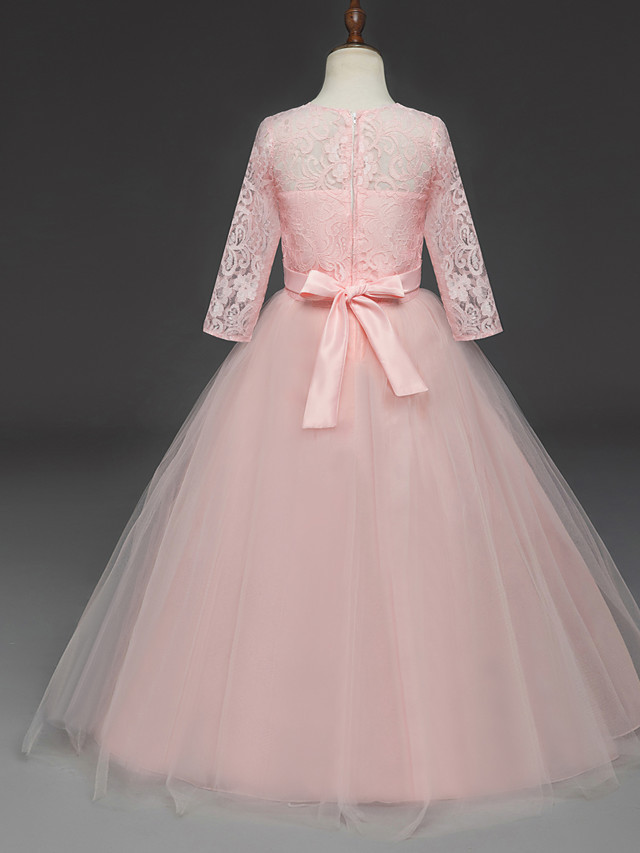Princess Long Length Wedding / Party / Pageant Flower Girl Dresses - Lace / Tulle Half Sleeve Jewel Neck With Lace / Belt