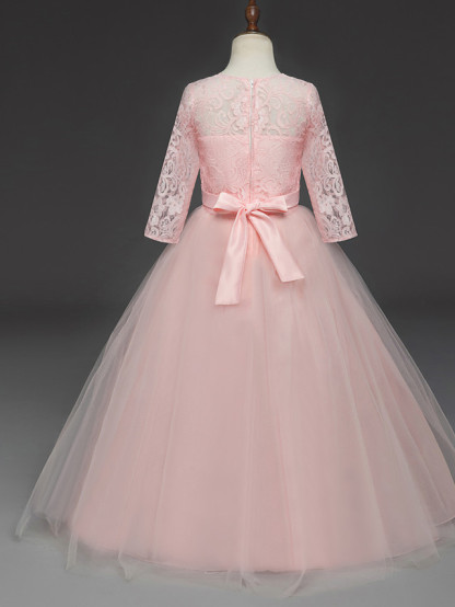 Princess Long Length Wedding / Party / Pageant Flower Girl Dresses - Lace / Tulle Half Sleeve Jewel Neck With Lace / Belt