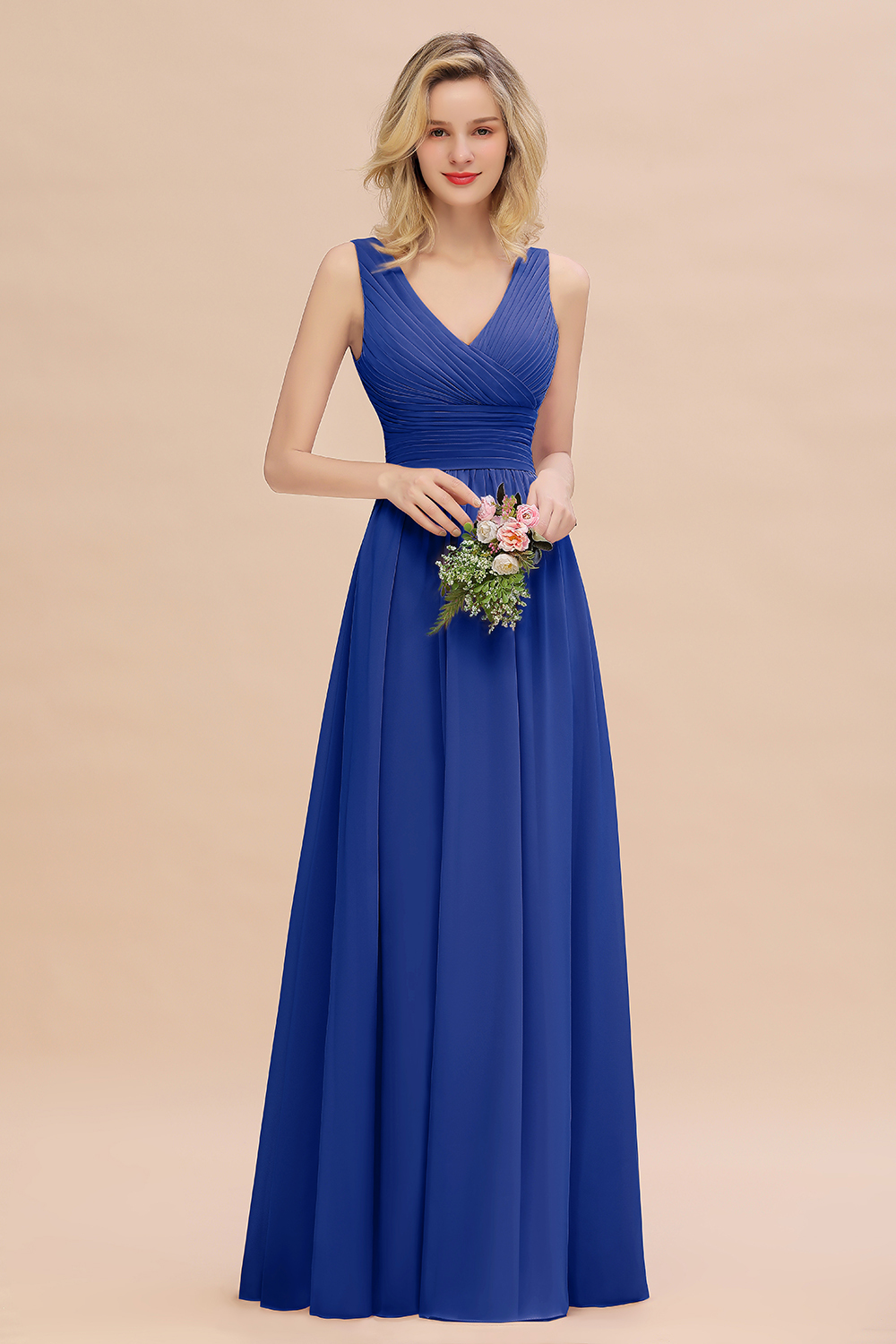 Elegant A-line V-Neck Ruffles Long Bridesmaid Dress