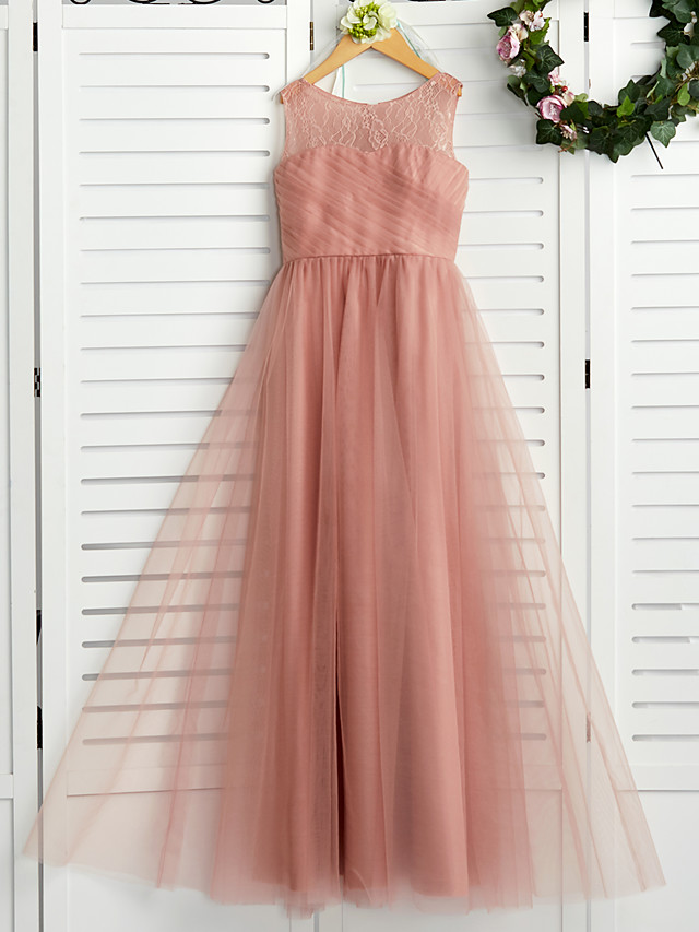 Long Crew Neck Tulle Junior Bridesmaid Dress A-line Flower Girl Dresses