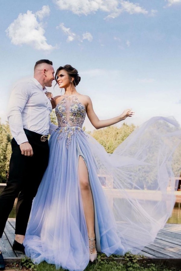 Sexy Long A-line Halter Tulle Prom Dress with Slit