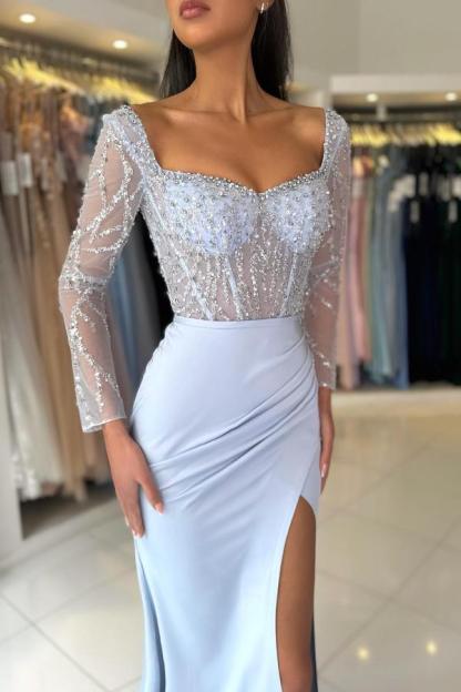 Long Sleeve Square Neck Mermaid Satin Floor Length Prom Dress with Sequins and Beads