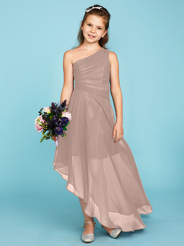 A-Line One Shoulder Asymmetrical Chiffon Junior Bridesmaid Dress With Side Draping / Wedding Party