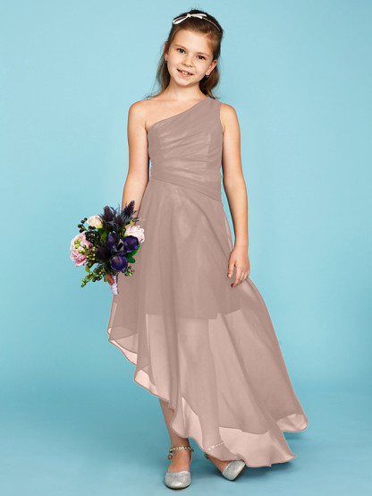 A-Line One Shoulder Asymmetrical Chiffon Junior Bridesmaid Dress With Side Draping / Wedding Party