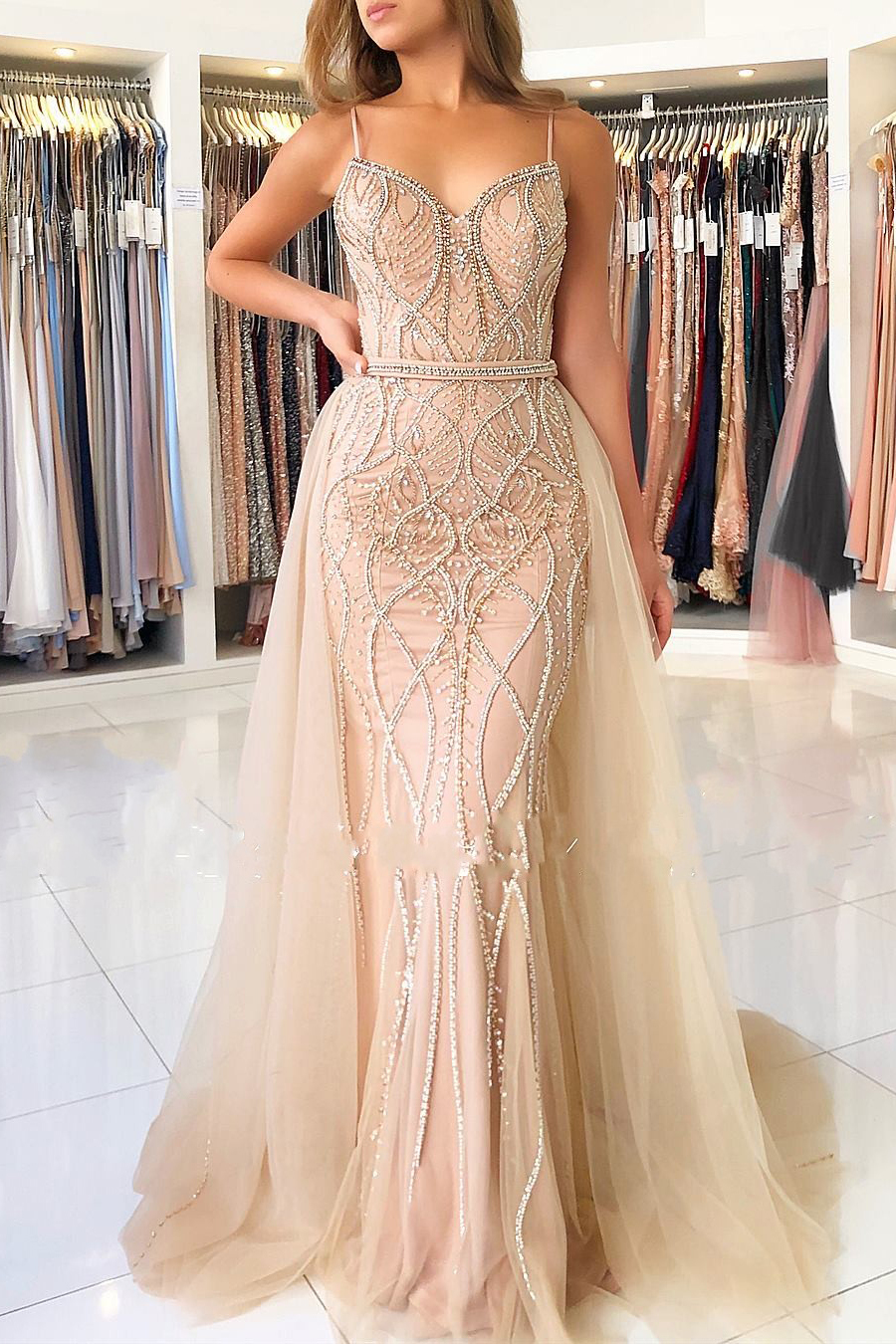 Spaghetti Straps Sweetheart Beading Mermaid Prom Dress With Tulle Train