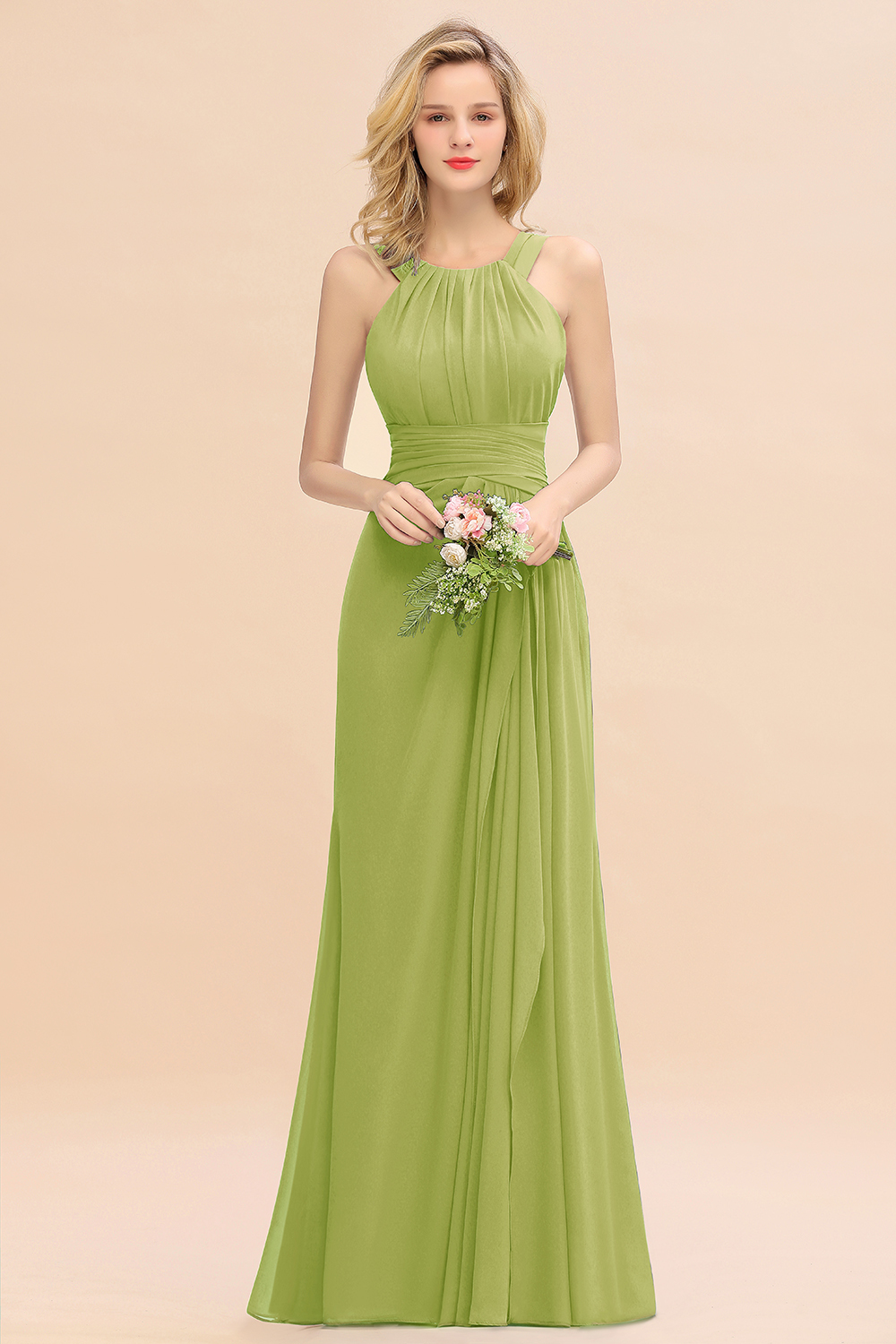 Long A-line Halter Chiffon Backless Floor-length Bridesmaid Dresses