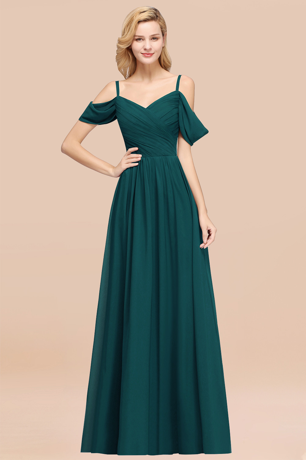 A-Line Chiffon V-Neck Spaghetti Straps Short-Sleeves Floor-Length Bridesmaid Dresses with Ruffles