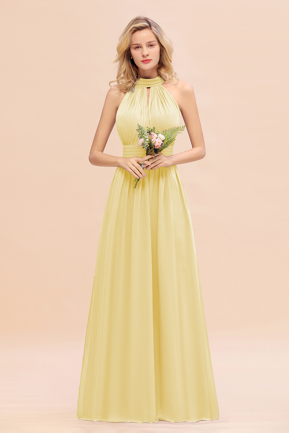 BM0758 Glamorous High-Neck Halter Bridesmaid Affordable Dresses with Ruffle