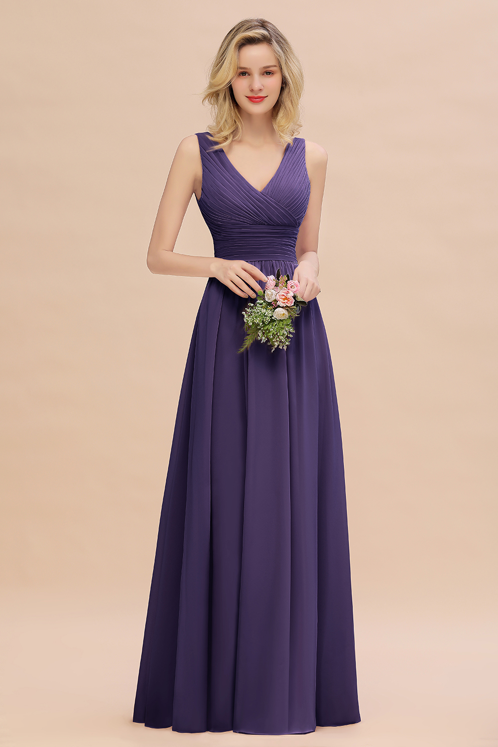 Elegant A-line V-Neck Ruffles Long Bridesmaid Dress