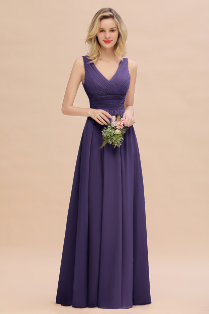 Elegant A-line V-Neck Ruffles Long Bridesmaid Dress