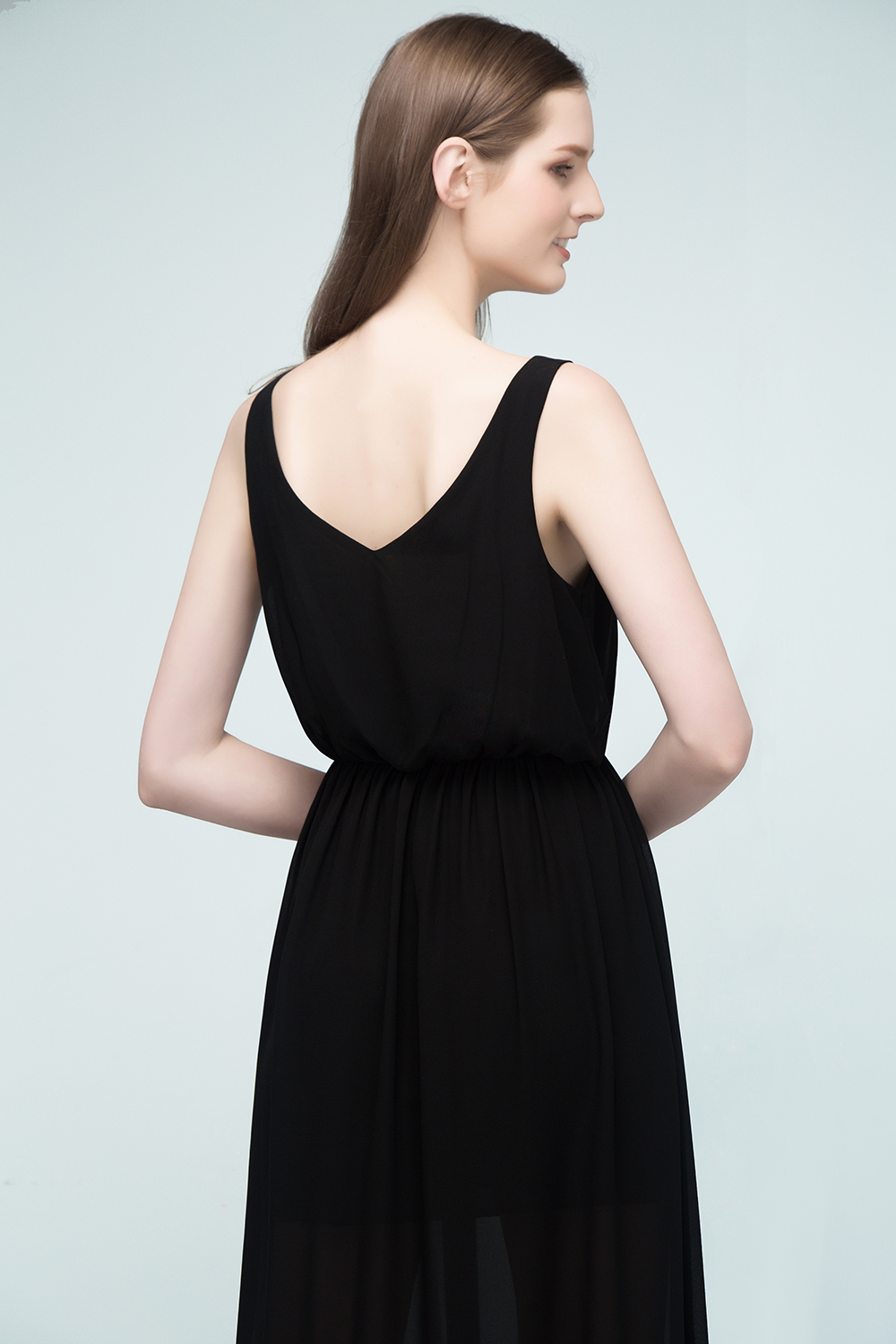 Black Long V-neck Chiffon A-line Evening Dress