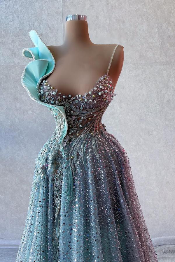 A-Line One shoulder Sweetheart Sequined Long Beading Prom Dresses with Flowers