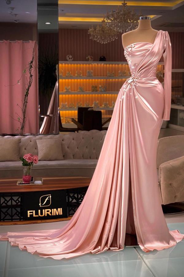 Long Mermaid One Shoulder Satin Front Slit Prom Dresses with Sleeves
