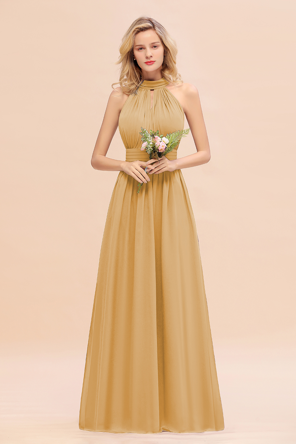 BM0758 Glamorous High-Neck Halter Bridesmaid Affordable Dresses with Ruffle