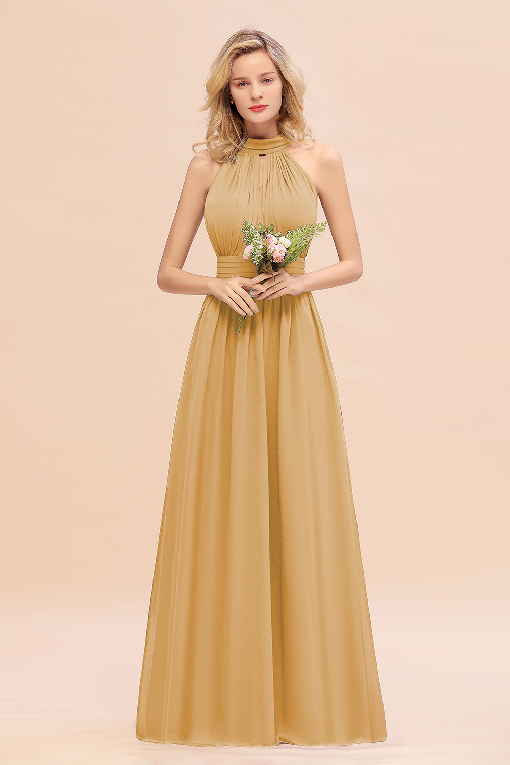 BM0758 Glamorous High-Neck Halter Bridesmaid Affordable Dresses with Ruffle