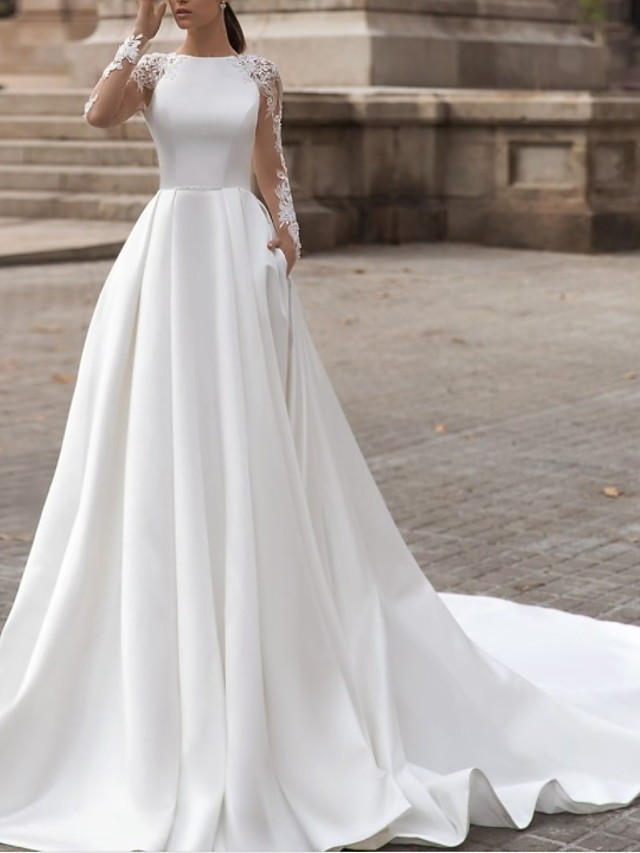 Long A-Line Jewel Lace Satin Long Sleeve Wedding Dresses with Pockets