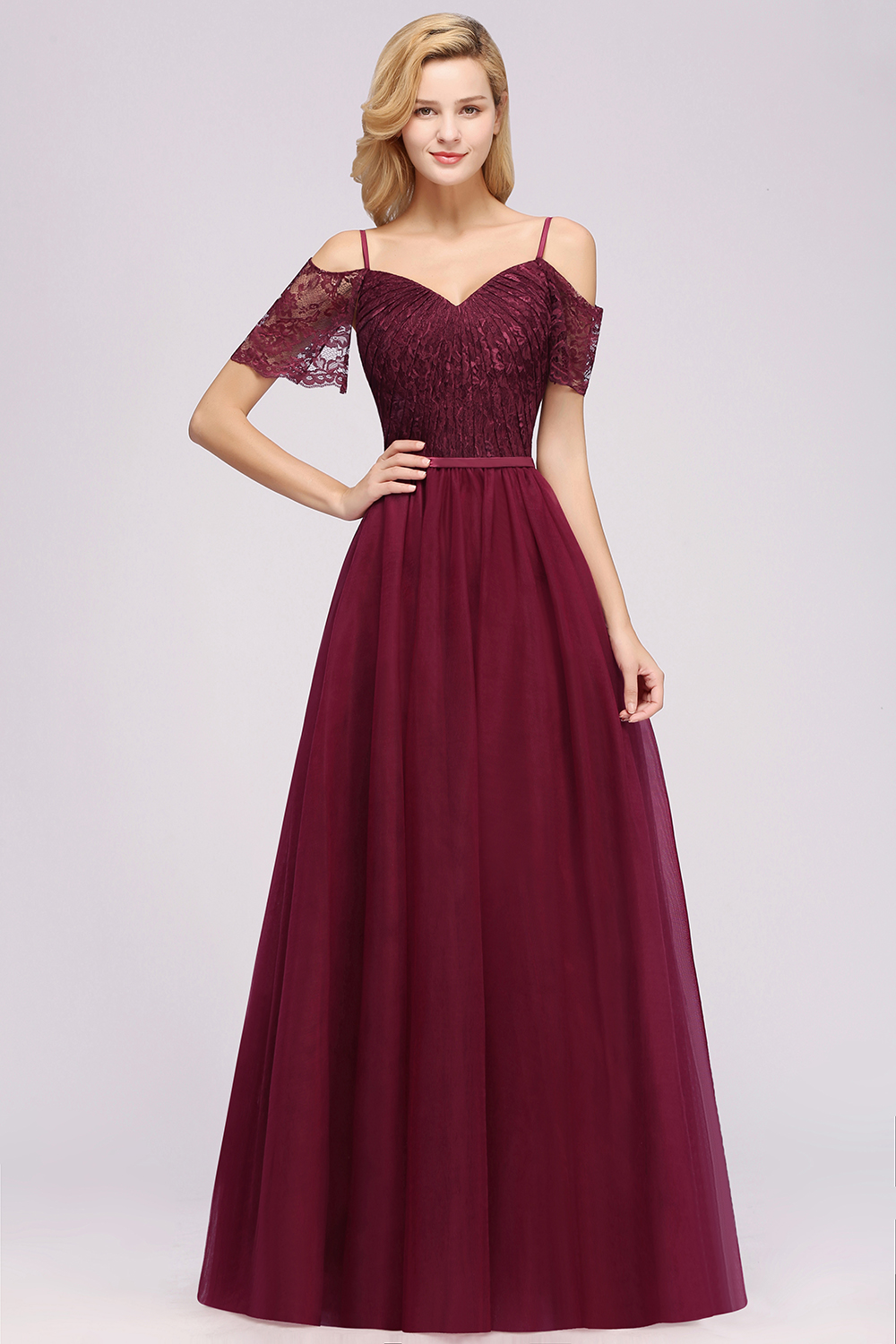 A-Line Chiffon Lace Sweetheart Spaghetti Straps Short-Sleeves Floor-Length Bridesmaid Dresses with Ruffles