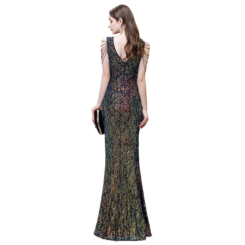 V-Neck Sequins Long Evening Dress With Split