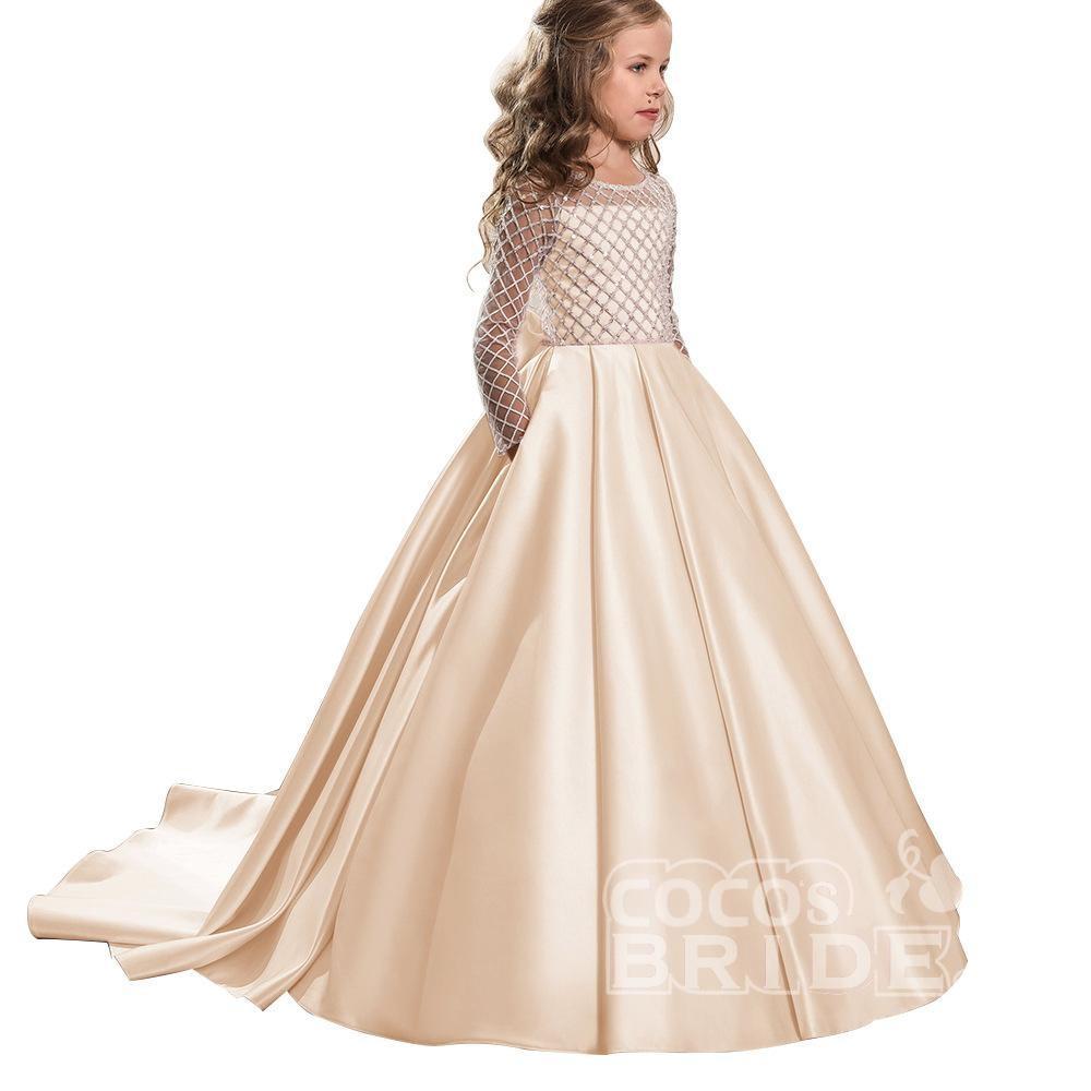 White Scoop Neck Long Sleeves Ball Gown Flower Girls Dress