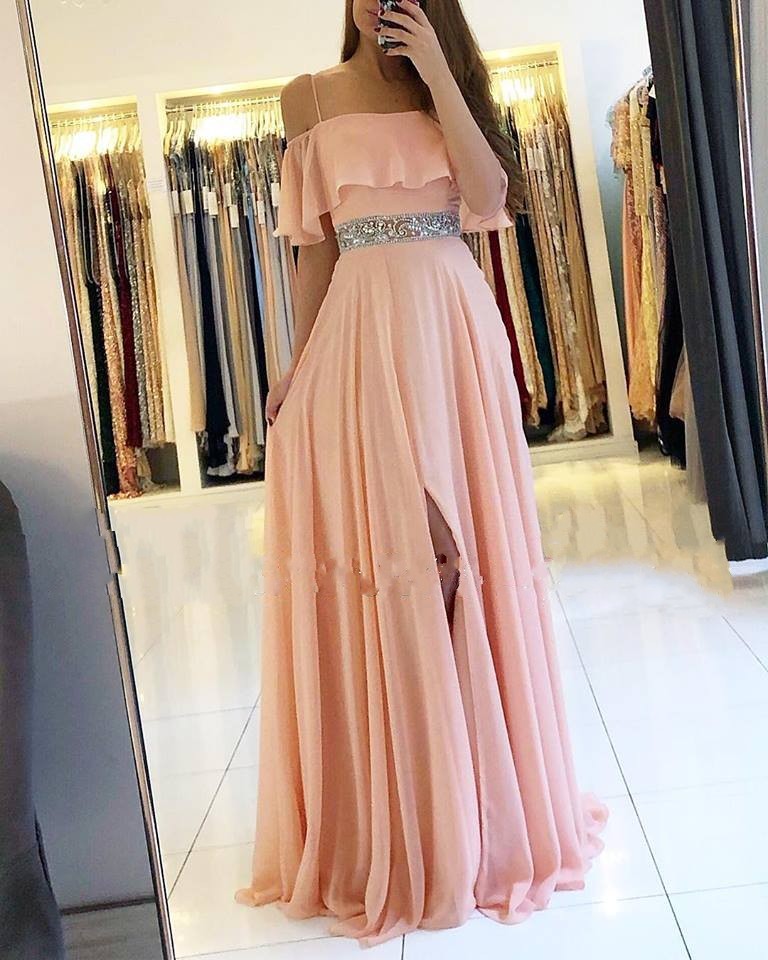 Nectarean Pink Ruffles Spaghetti Straps A-Line Prom Dresses with Slit
