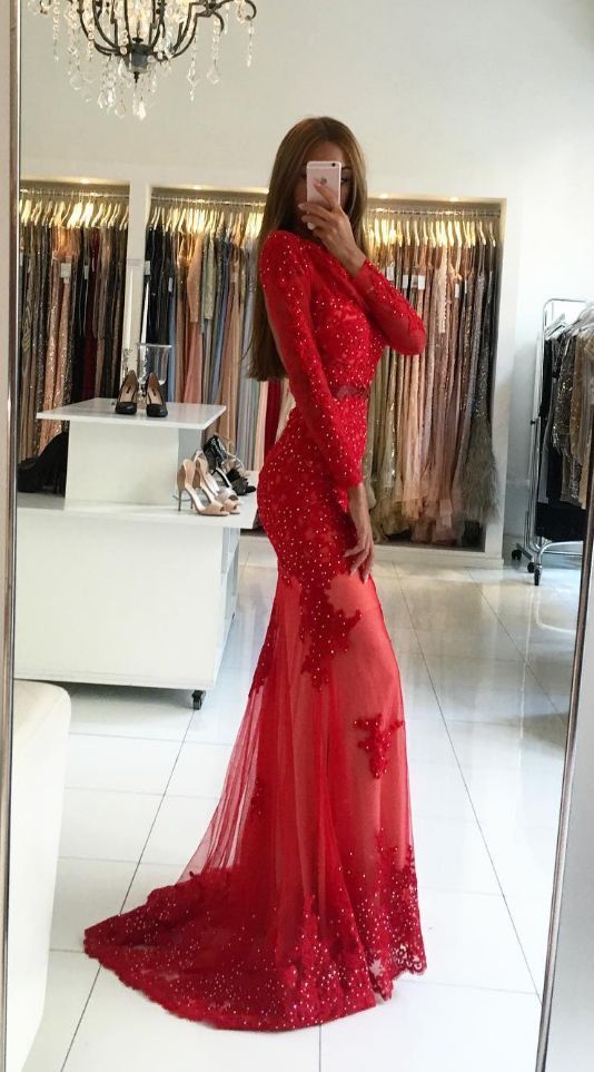 Charming Bateau Long Sleeves Lace Mermaid Floor-length Prom Dress