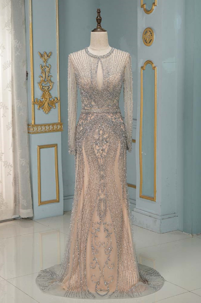 Long Sleeves Keyhole Bateau Mermaid Formal Evening Dress With Beading