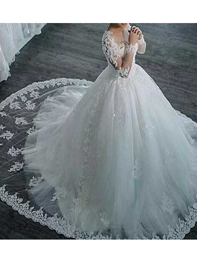 Long A-Line Jewel Neck Lace Tulle Wedding Dresses with Sleeves