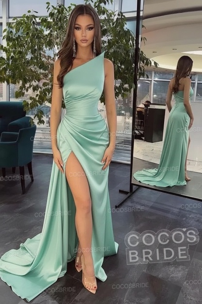 Elegant Black Long Mermaid One Shoulder Satin Prom Dress