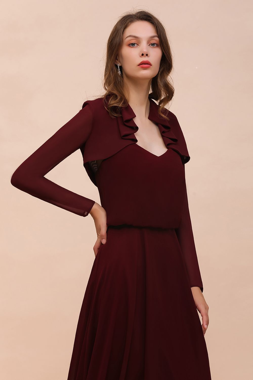 BM1891 Long Sleeves Burgundy Chiffon Wedding Wraps