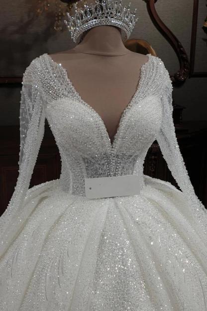 Gorgeous Long Ball Gown V-neck Glitter Sequins Wedding Dresses with Sleeves