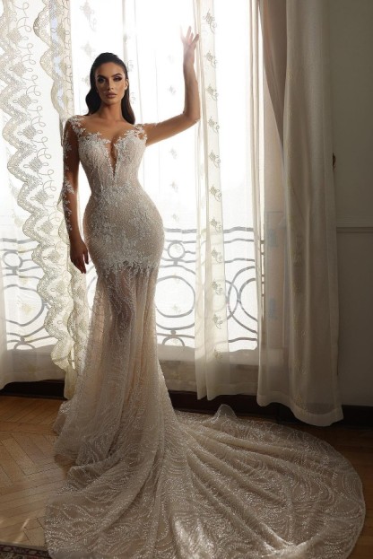 Long Mermaid Sweetheart Tulle Lace Wedding Dresses with Sleeves