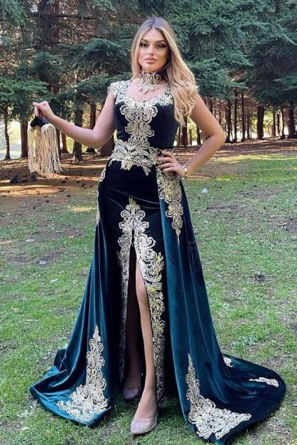 Modest Long Mermaid Velvet Side Slit Formal Dress with Detachable Train