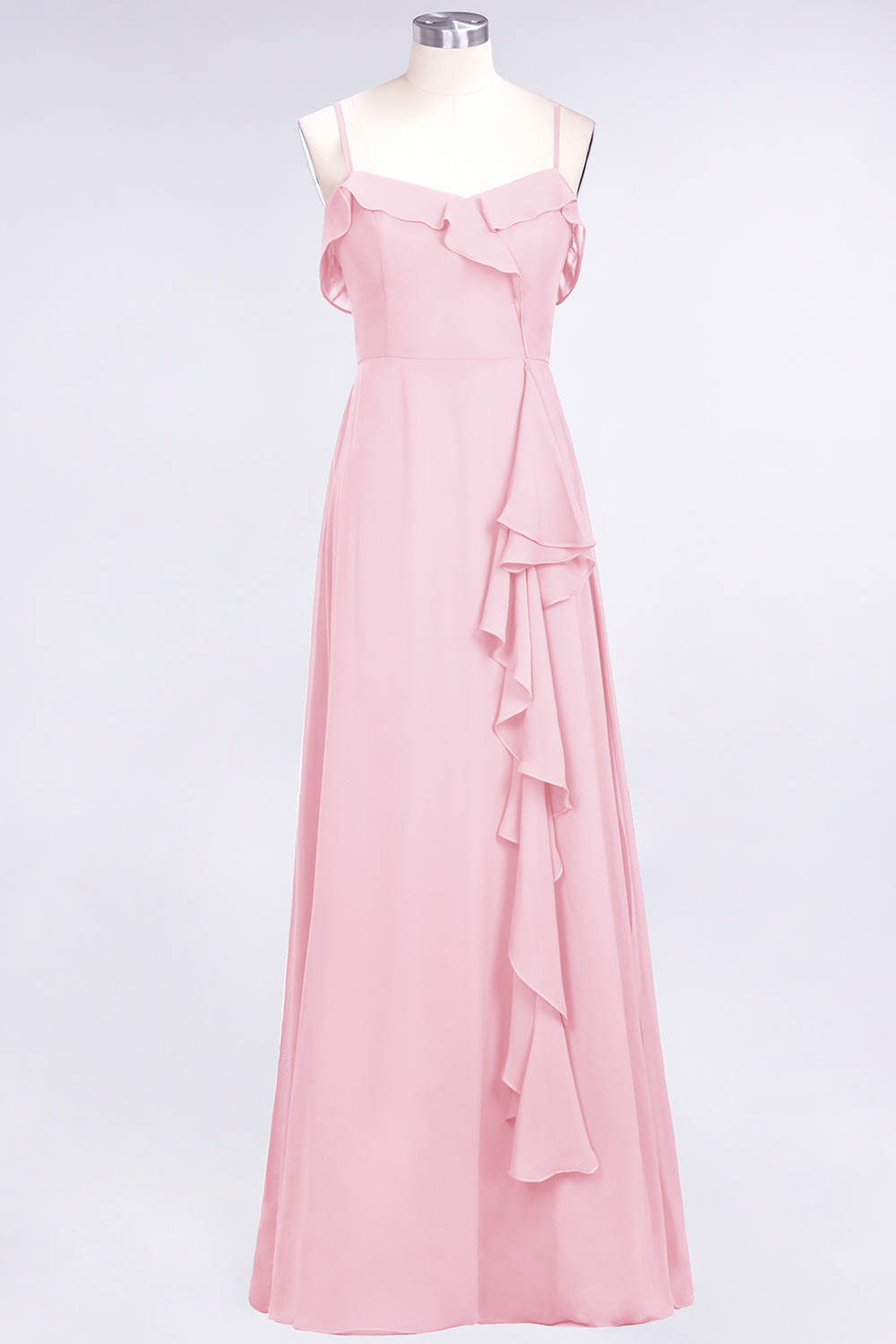Spaghetti Straps A-Line Chiffon Backless Floor-length Prom Dress With Ruffles