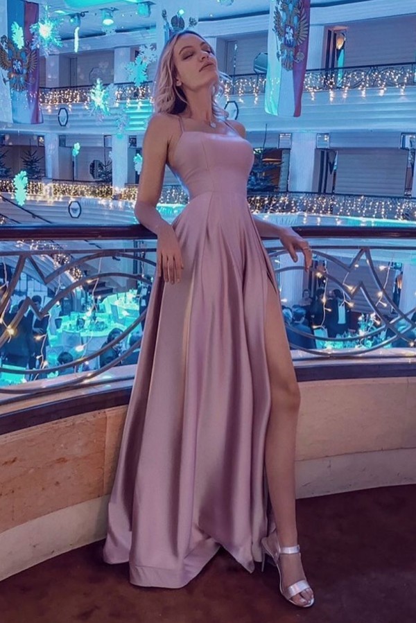 Simple Long A-line Scoop Neck Satin Backless Prom Dress with Slit