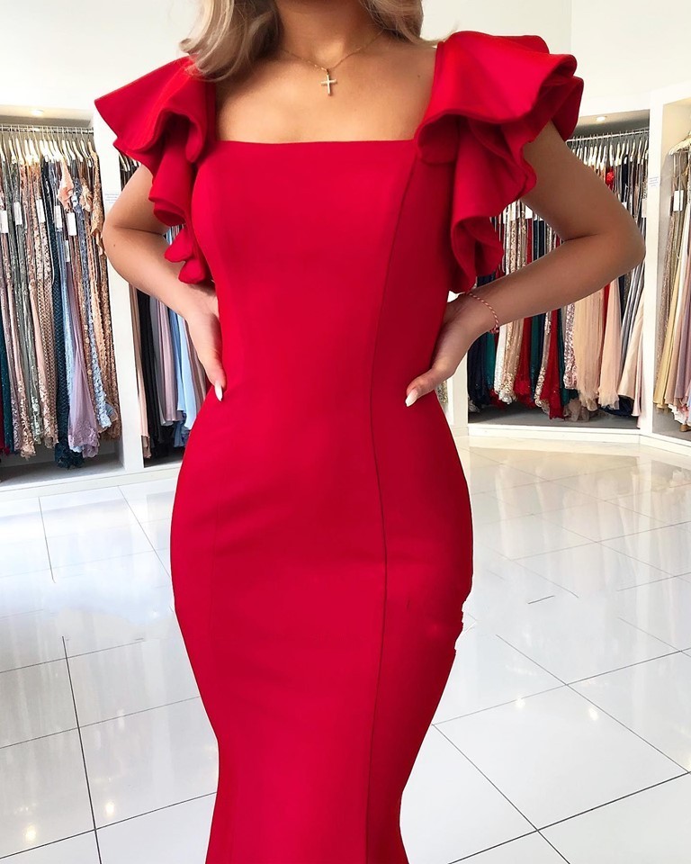 Charming Red Square Neckline Ruffles Mermaid Prom Dresses