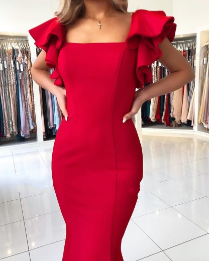 Charming Red Square Neckline Ruffles Mermaid Prom Dresses