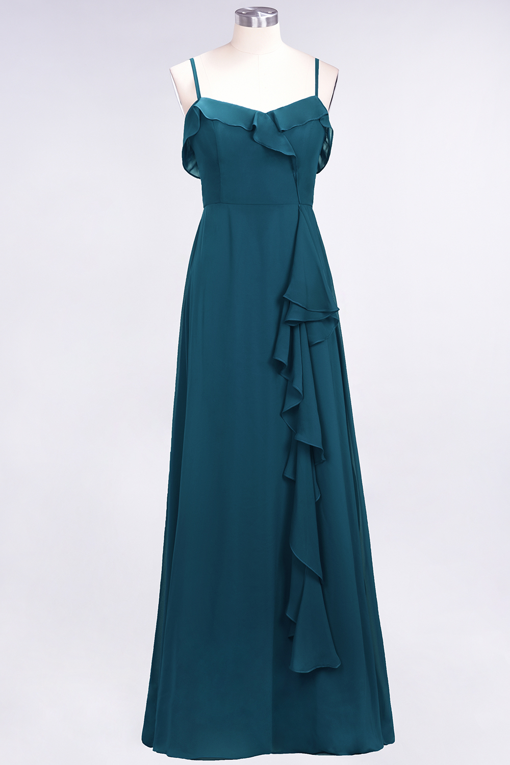 Spaghetti Straps A-Line Chiffon Backless Floor-length Prom Dress With Ruffles
