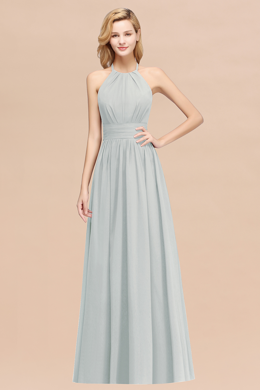 A-line Chiffon Appliques Halter Sleeveless Floor-Length Bridesmaid Dresses with Ruffles