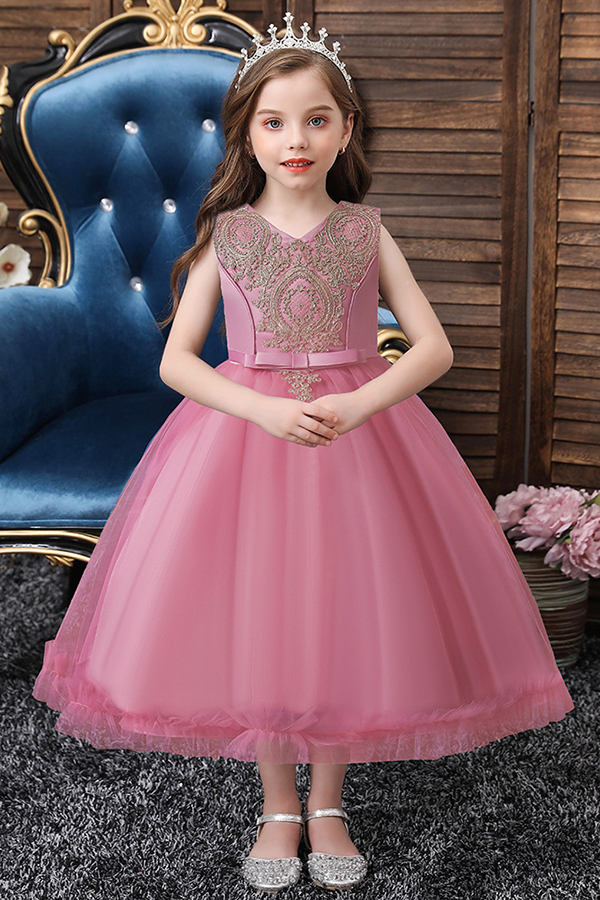 FS9975 Appliques Scoop Tea Length Flower Girl Dress