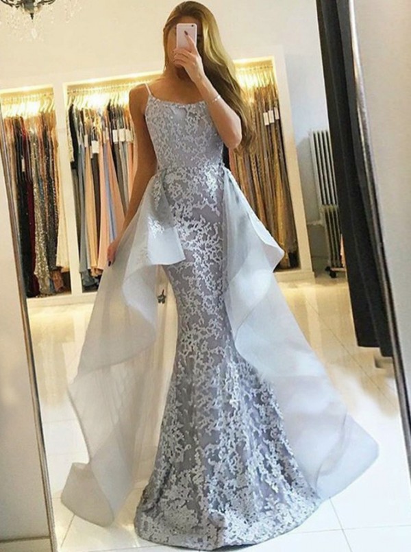 Spaghetti Straps Lace Floor-length Ruffles Mermaid Prom Dress With Train