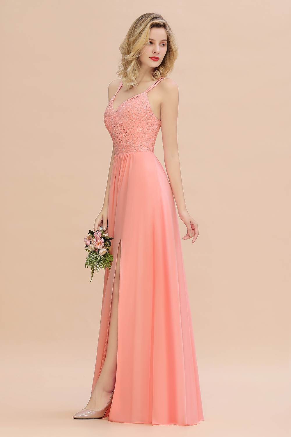 Beautiful A-Line Chiffon Spaghetti Straps Sweetheart Floor Length Split Bridesmaid Dress