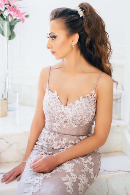 Modest Long Mermaid Spaghetti Straps Prom Dresses with Appliques Lace