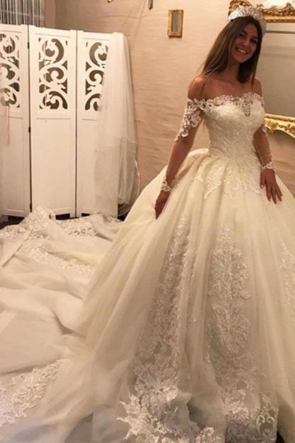 Luxury Off the Shoulder Long Sleeves Ball Gown Chapel Train Appliques Lace Wedding Dress