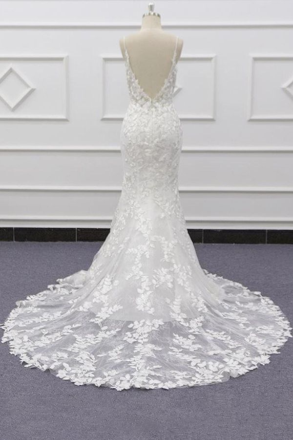 Long Sweetheart Spaghetti Strap Appliques Lace Mermaid Wedding Dress