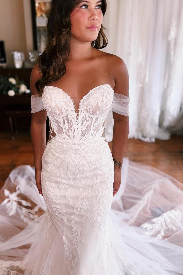 Mermaid Off-the-Shoulder Sweetheart Tulle Lace Long Wedding Dress with Appliques