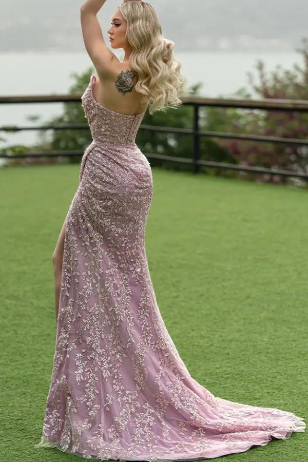 Strapless Tulle Appliques Lace Floor Length Mermaid Draped Prom Dress