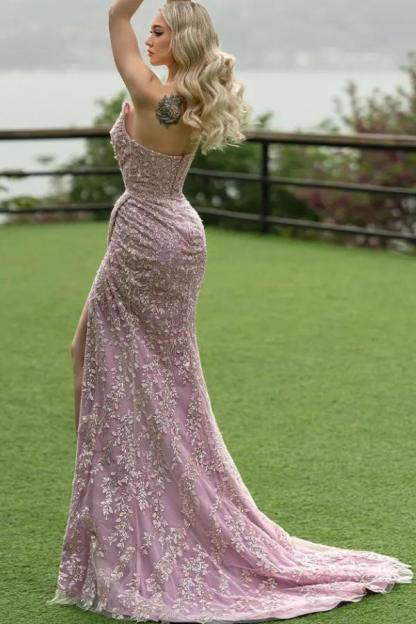 Strapless Tulle Appliques Lace Floor Length Mermaid Draped Prom Dress